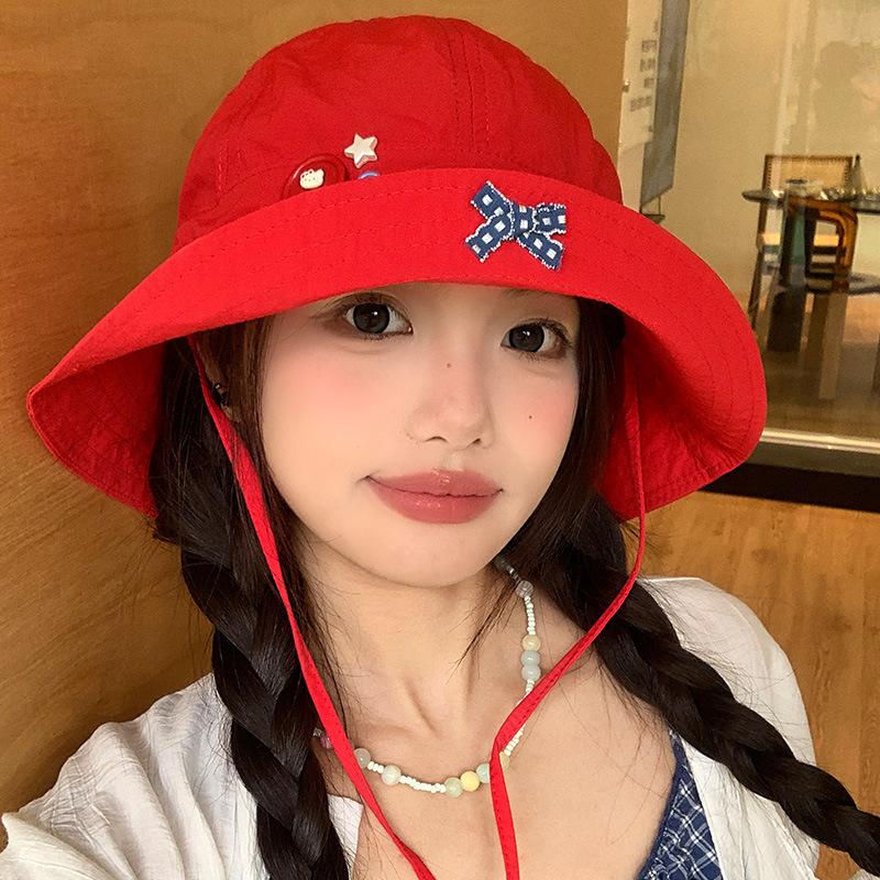 

Cute red bow button quick drying bucket hat women s summer thin breathable flap hat sunshade sunscreen hat M（56-58cm） червоний