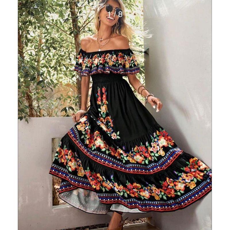 

Dazzling Dress2025 European and American Spring Summer Women New off-Shoulder Print Long Big Hemline Dress Black color S