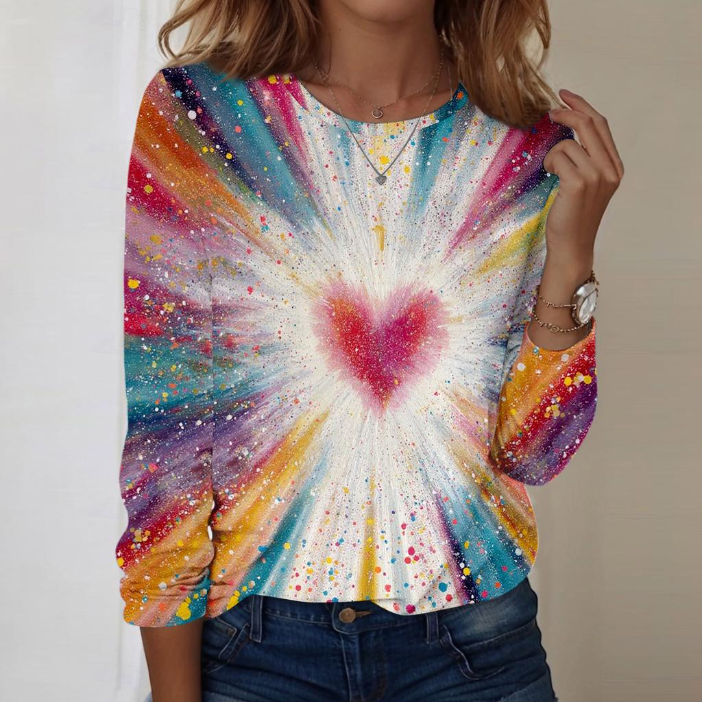 Damski casualowy top z długim rękawem, z nadrukiem walentynkowym, z okrągłym dekoltem