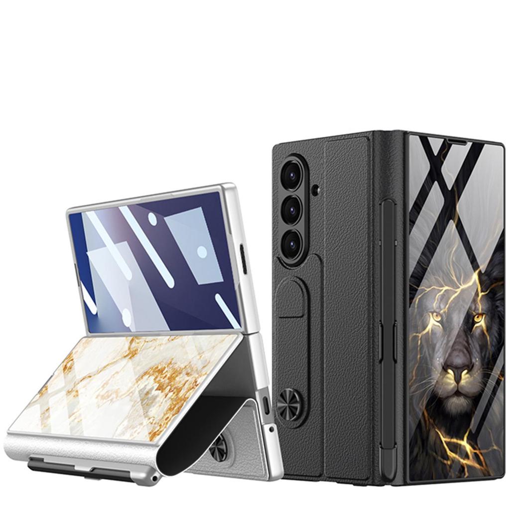 Samsung Z Fold7 5G Leather Flip Case with Glass Painting & Pen Slot