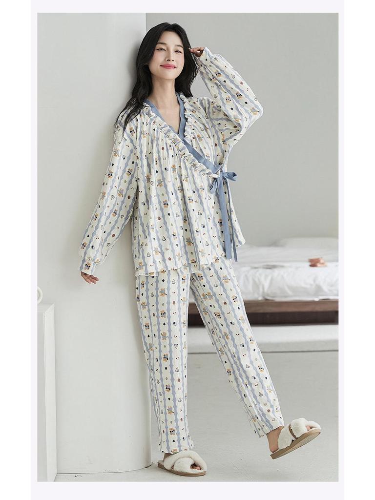 Damski kreskówkowy zestaw piżamowy z wkładkami na biust - Wiosenno-jesienna bawełna o fakturze chmury, Kardigan z długim rękawem, Cienki szlafrok, Odzież domowa i do noszenia na zewnątrz