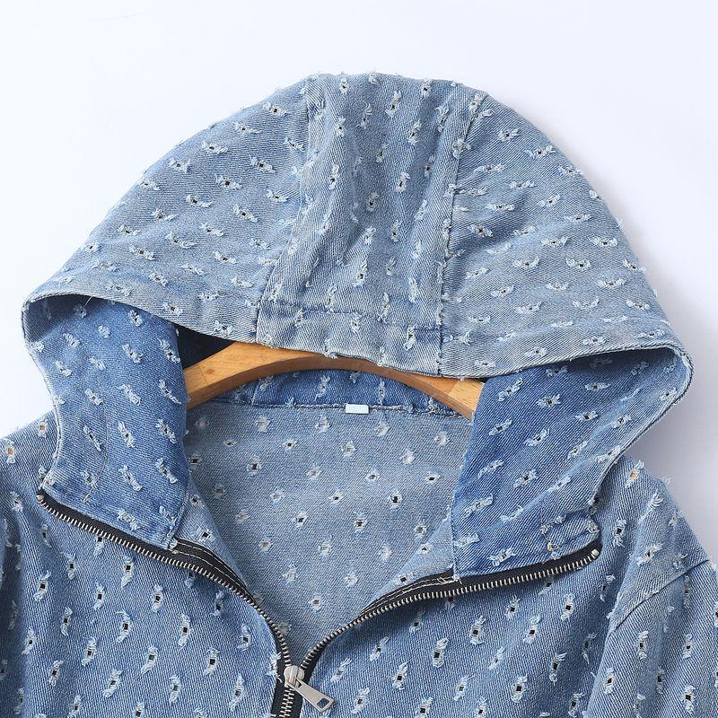 Ripped Jeans Outerwear Autumn New Foreign Trade Women clothes Hooded Collar Zip-up Pullover Long sleeve Leisure Top 32252