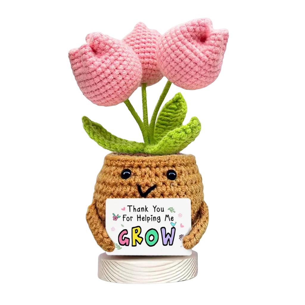 Handmade Knitted Tulip Flower Pot with Positive Message Card Crochet Decorative Plant Gift for Home Office Desk Display