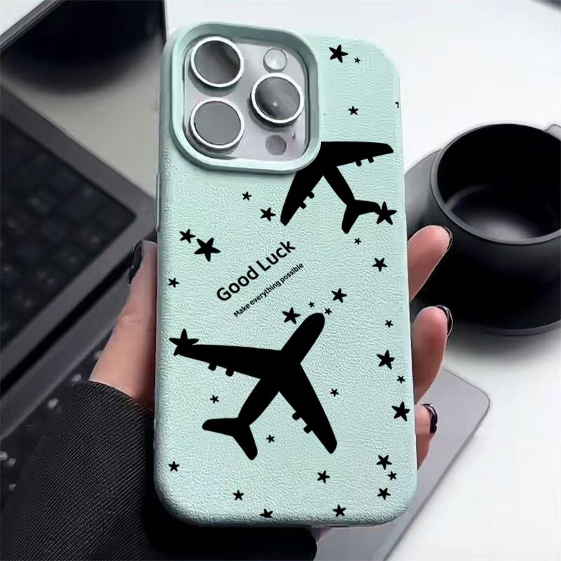 Airplane Pattern TPU Leather Texture Case For iPhone 16 Pro Max 15 Pro 14 13 12 11 Soft Matte Shockproof Lens Protection Slim Phone Cover