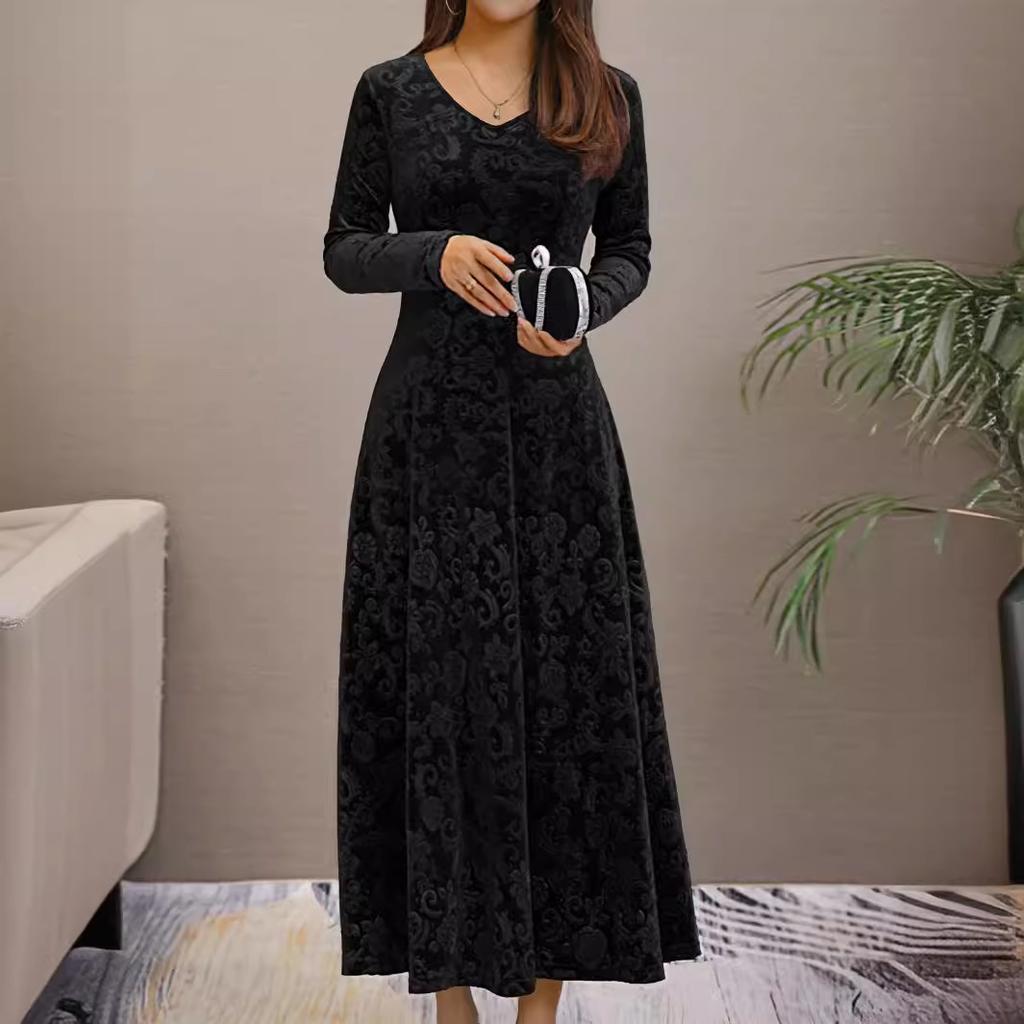 Jarní a podzimní nové elegantní vysoce kvalitní sametové šaty s květinovým potiskem evropského a amerického stylu s dlouhým rukávem, přiléhavé v pase, spodničkové šaty