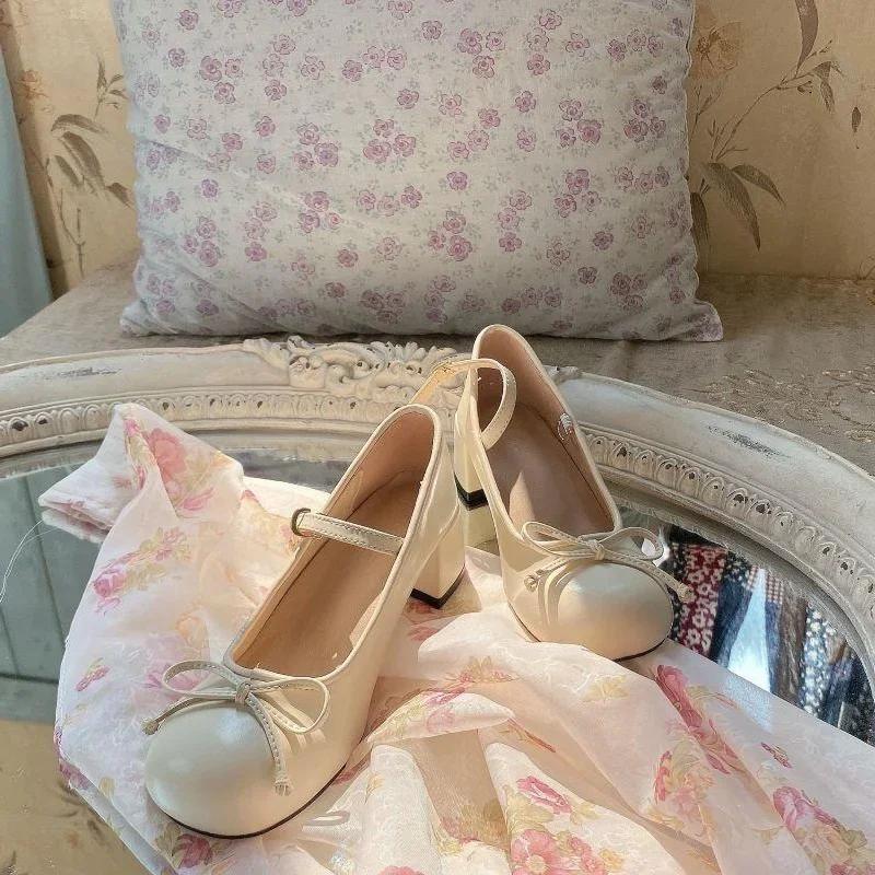 Süße japanische Damen-Ballettschuhe mit runder Spitze und Fliege, Mary Jane-Schuhe für College-Damen, High Heels, elegante Pumps, Hochzeitsschuhe