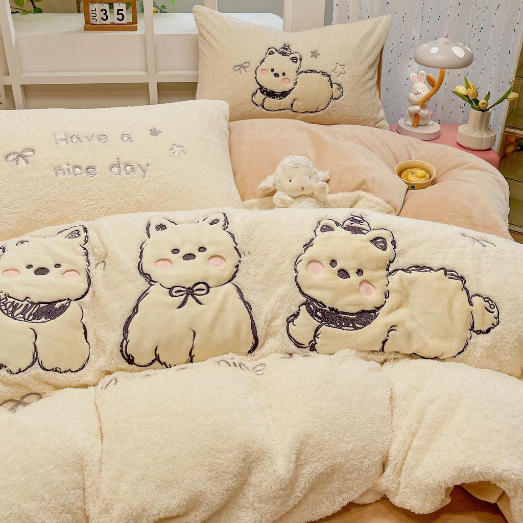 Thickened Milk Fleece Bed Four-Piece Set Warm Children'S Bedding Teddy Coral Fleece Quilt Cover Bed Sheet Three-Piece Set