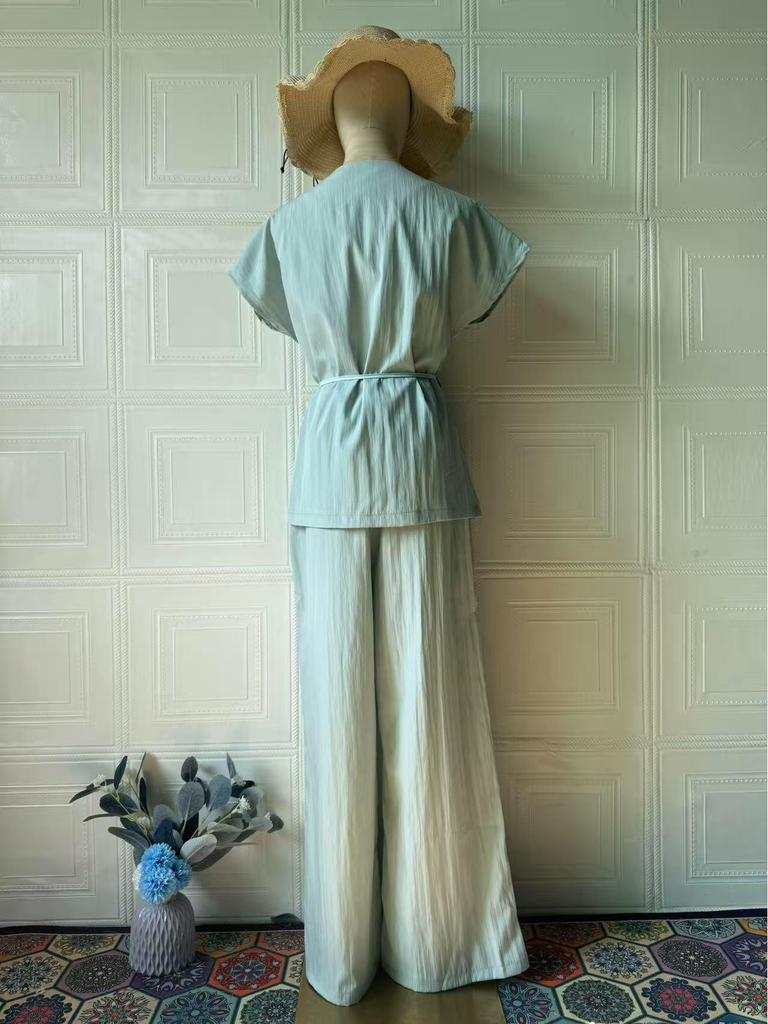 2025 Summer European & American Casual V-neck Short-sleeve Long Pants Fashion Set