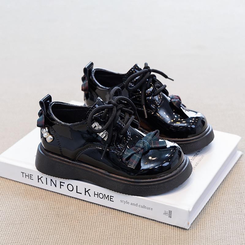 Kids Glossy Leather Bow Decor Thick Sole Lace Up Casual Mary Jane Shoes 26 чёрный