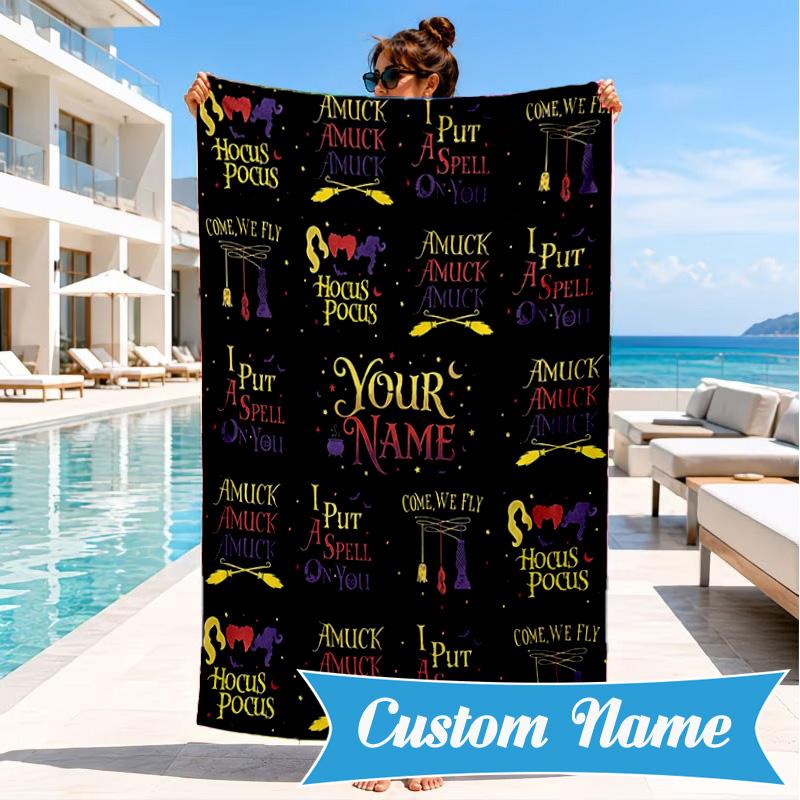 Custom Name Hocus Halloween Night Personalized Microfiber Beach Towel, Quick-Dry, Ideal for Summer Travel, Beach Essential, Swimming