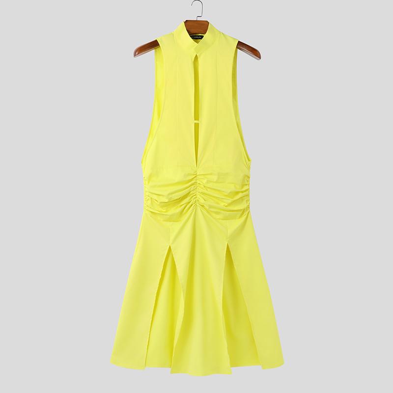 

INCERUN Мужские топы без рукавов со стоячим воротом и разрезами по бокам, с перекрученной талией 5XL жёлтый