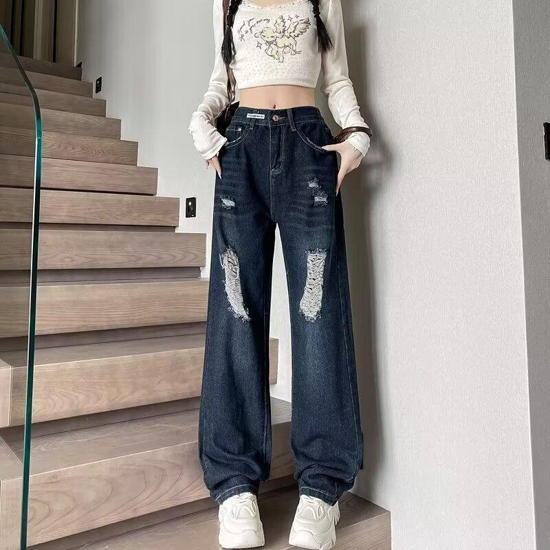 

Женские джинсы с высокой посадкой, синие, рваные - Летние прямые брюки с широкими штанинами 2025 L синий/серый