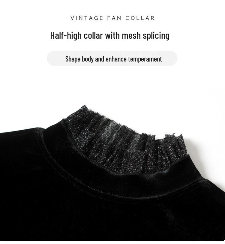 Elegant Black Velvet Top: Stand Collar, Silk Mesh Sleeves, Versatile Women's Base Shirt