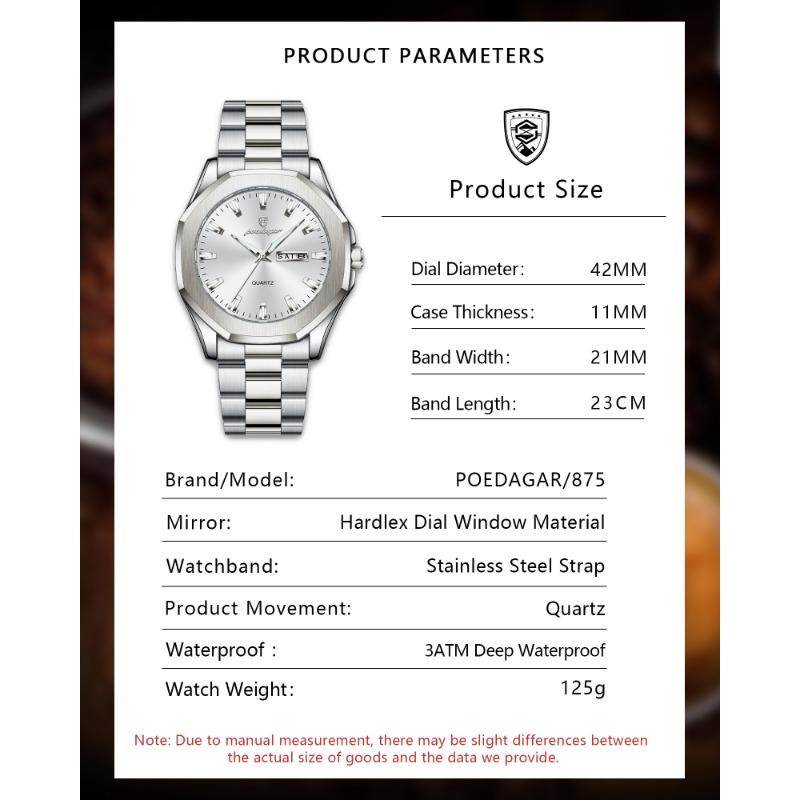 POEDAGAR Luxury Men Wristwatch Waterproof Luminous Week Date Casual Clock Stainless Steel Quartz Fashion Watches Reloj