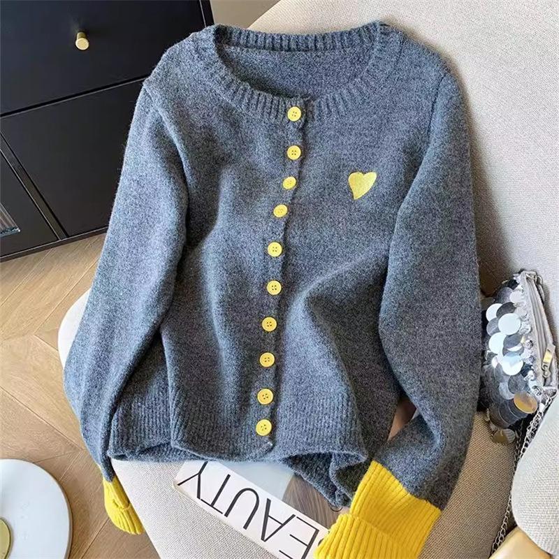Lazy Wind Embroidered Knitted Cardigan Women's Autumn and Winter New Round Neck Bottoming Soft Waxy Contrasting Color Sweater Jacket Top