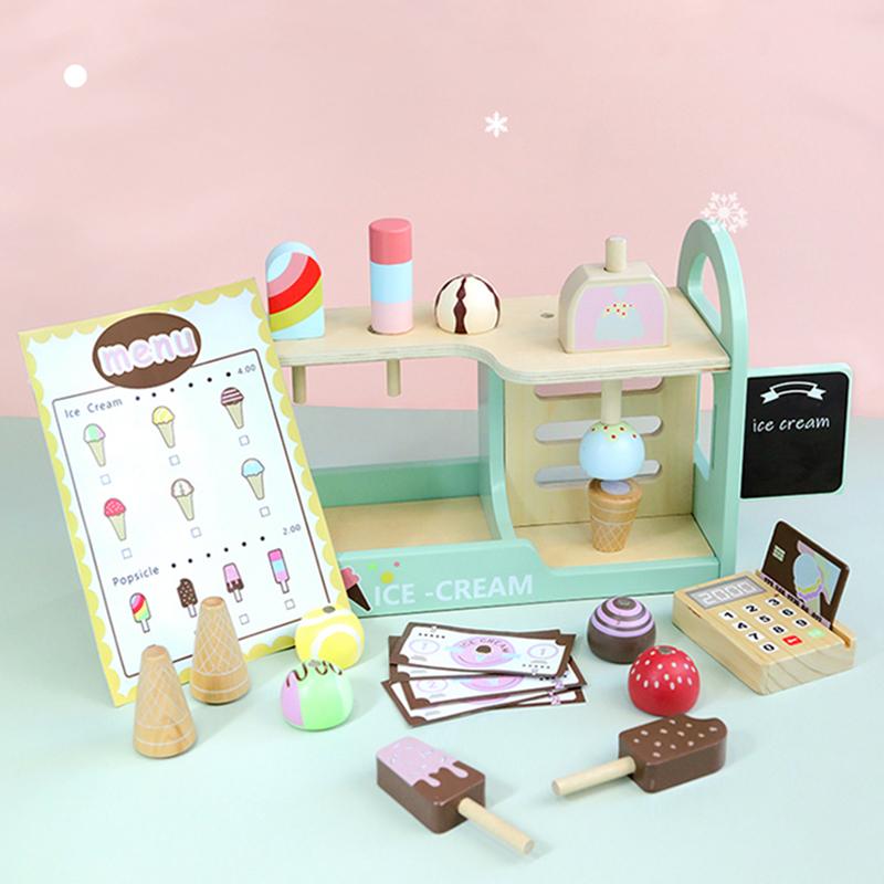 Wooden Pretend Toys Simulation Ice Cream Counter Playset Pretend Play Toys Kitchen Accessories Montessori Learning Toy for Kids