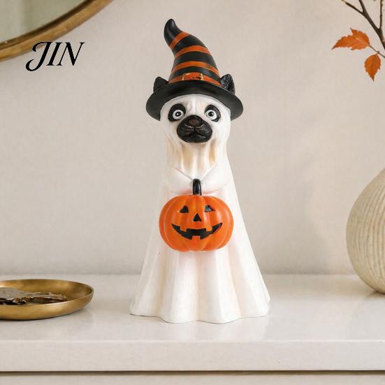 Halloween Window Ornaments Ghost Dog Figurine, Wizard Hat Pumpkin Resin Statue, Cute Tabletop Decor Indoor Haunted House Supplies for Entryway