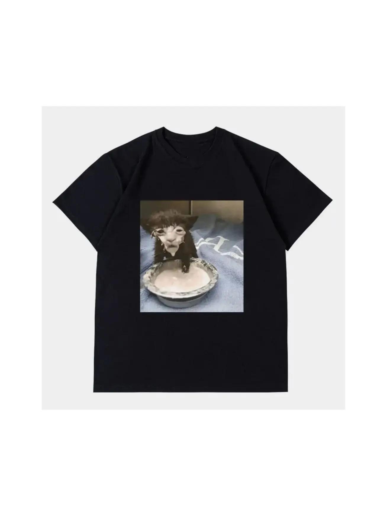 

Milk Face Cat Meme Print T Shirt Weird Humor Funny Cat Graphic T-Shirts Men s Women Fashion Oversized Streetwear - Men s Summ... S разноцветный