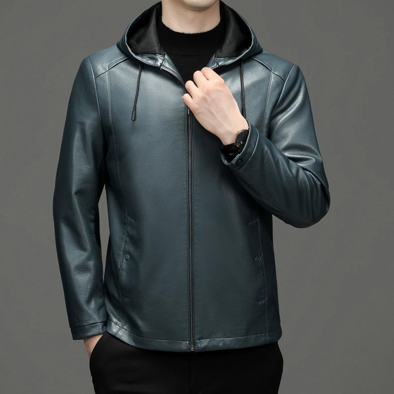 Men's Spring and Autumn Sheepskin Leather Jacket Hooded Middle-aged Business Casual Men's Dad Soft Leather Jacket