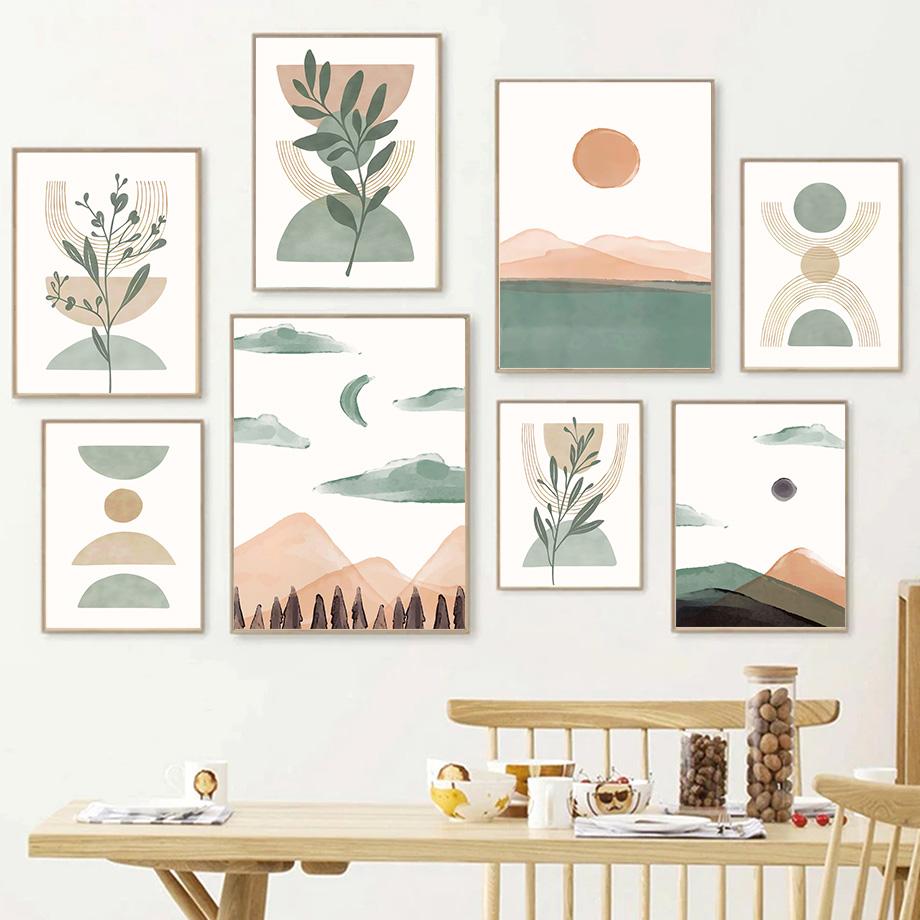 Abstract Mountain Leaf Sun Rainbow Geometry Landscape Posters And Prints Wall Art Canvas Painting Pictures For Living Room Decor