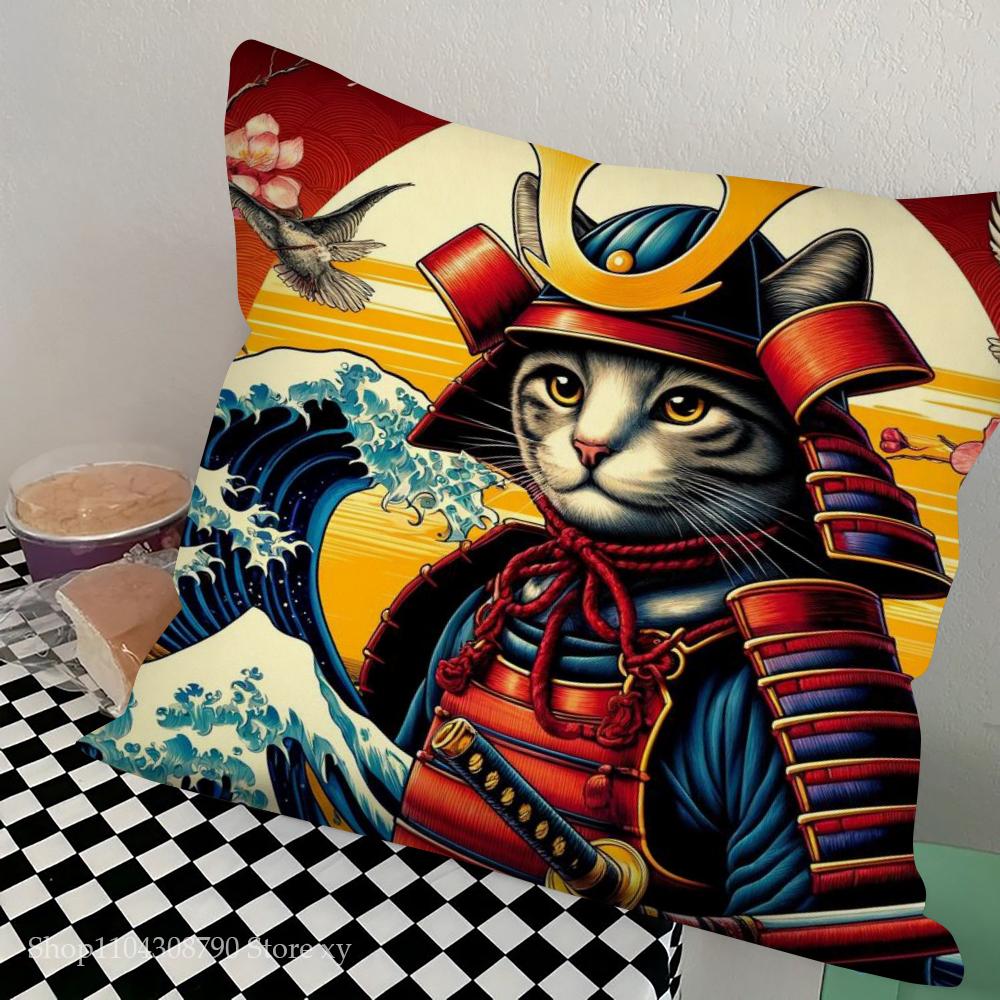 1pc Japanese Tattoo Samurai Cat Pillow Case Square Bedroom Sofa Leisure Comfort Cushion Car Living Room Home Decoration