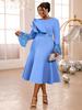 Plus Size Women's Light Blue Rhinestone Ruffle Sleeve A-Line Mid-Length Formal Dress