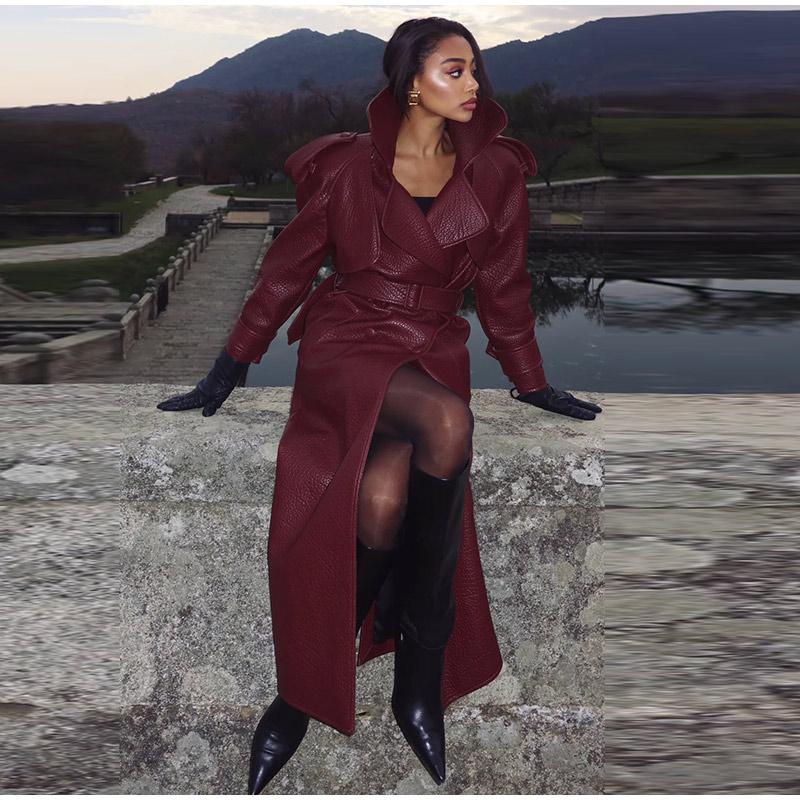 Street Vintage Long Leather Jacket Women Double Breasted Lapel Lace Up Full Sleeve Belt Jackets 2025 Spring Fashion Lady Outwear