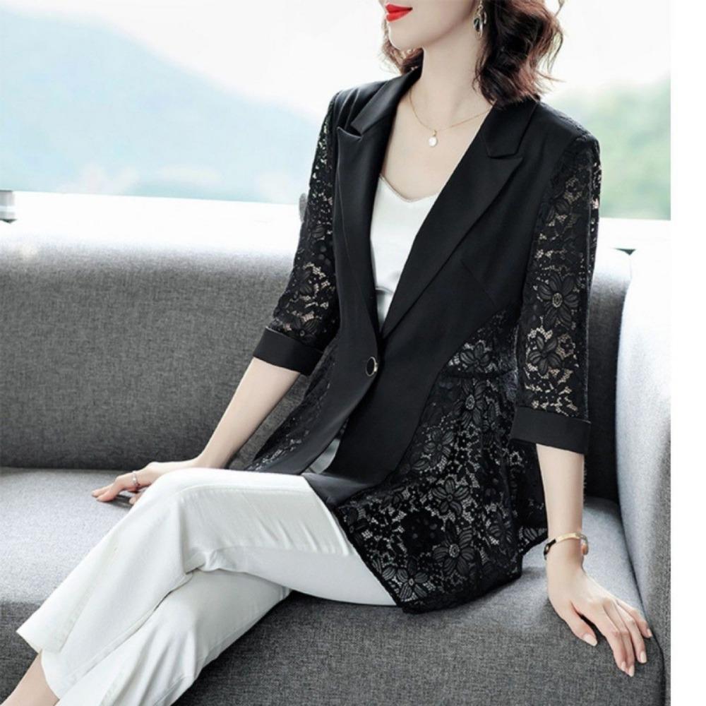 Elegant Work Blazer Coats for Women  Spring Summer Fashion Lace Notched Collar Slim Coat   Black Casual Women's Jacket