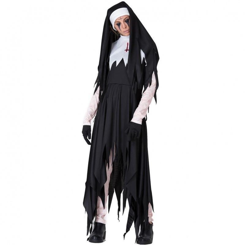 Halloween Zombie Nun Costume, Vampire Horror Bloody Grim Reaper Cross Serrated Nun Skirt