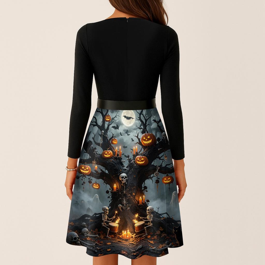 Women's Vintage Long Sleeve Square Neck Halloween Printed Party Dress for Evening Wear