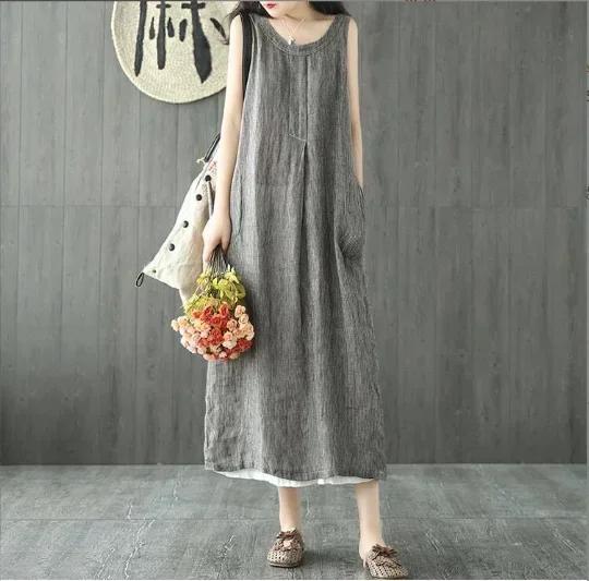 

Summer Women Clothing cotton and linen Sleeveless O-neck Loose Long Dresses for Women 5XL сірий