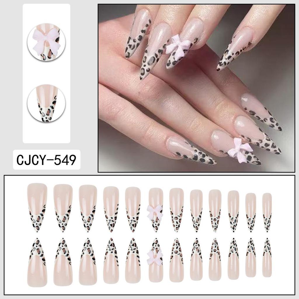 Leopard Print Rhinestone Bow Wearable False Nails - 24 Long French Tips
