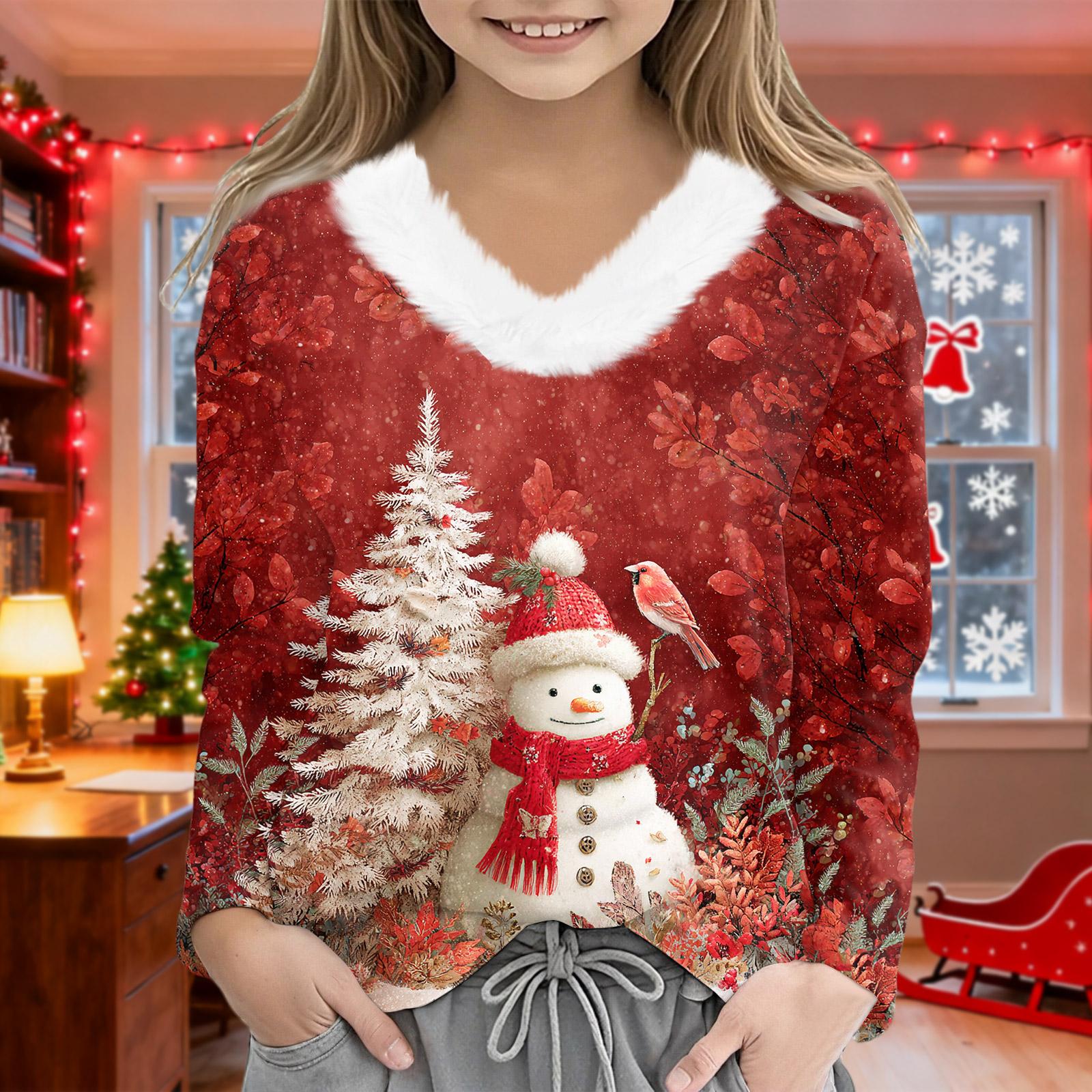 

Рождественские футболки с длинным рукавом для девочек, детская футболка с V-образным вырезом, рождественский принт, топ с длинным рукавом 160 арбуз красный