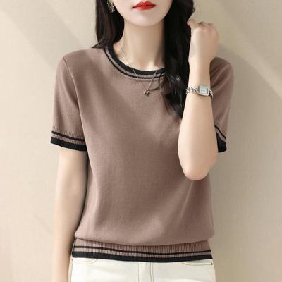 Sommer Kontrast Strick Tops Tees Kurzarm O-Ausschnitt Lose Einfarbig Elegante T-Shirts Vintage Mode Damen Kleidung