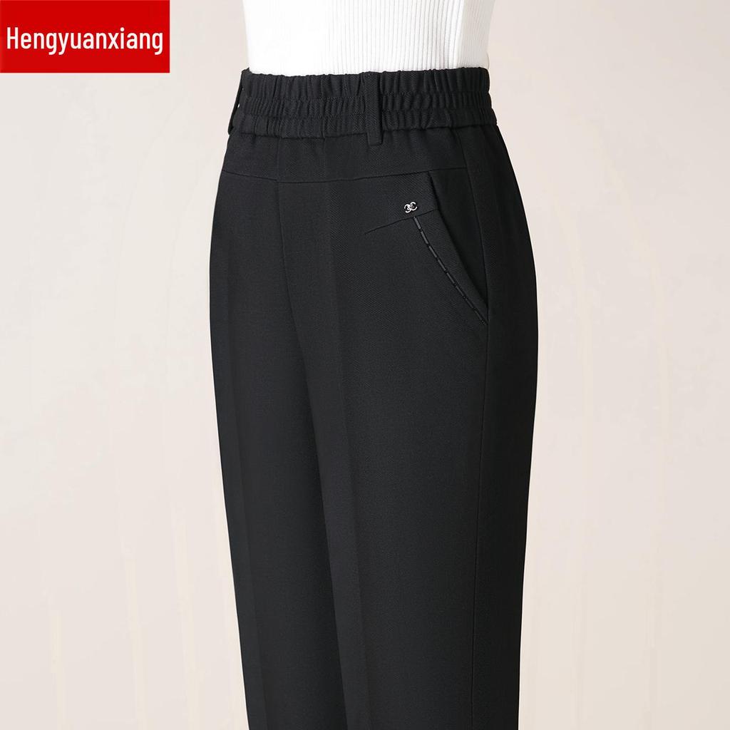 Dámské ležérní kalhoty s vysokým pasem a rovnými nohavicemi Hengyuanxiang - Plus size, volný střih, podzim/jaro, pro maminky středního věku.