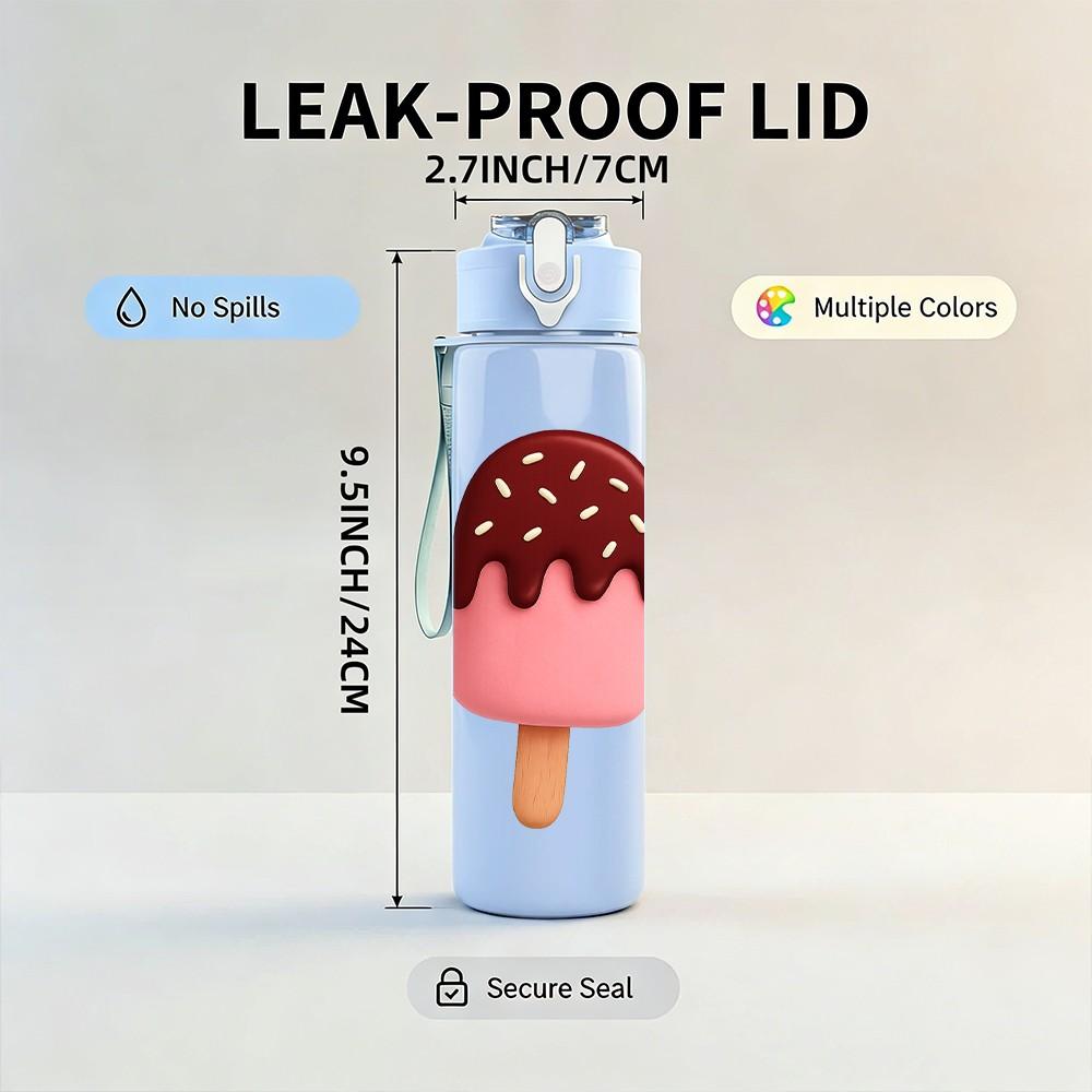 1PC Pink Brown Ice Cream Cartoon Print 750ml Color Plastic Sports Water Bottle Leakproof Flip Straw Lid Suitable for Sports Office Home Use