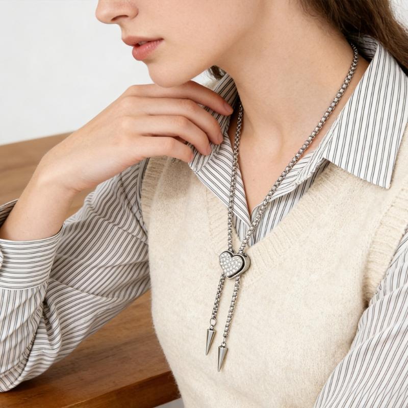 Elegant Heart Shaped Neckwear Rhinestones Accented Unisex Stainless Steel Necklace Slidable for Gifting and Daily Use