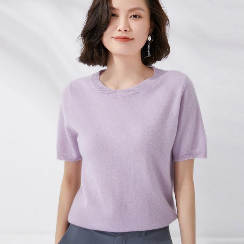 Vår och höst T-shirt stickad skjorta dam Kortärmad tröja med rund hals Stickad bottentröja Halvärmad tröja