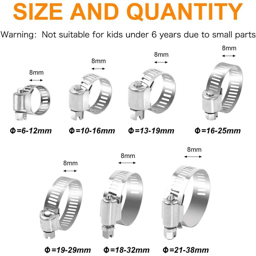 20pcs/60pcs Hose Clamp Assortment Kit Stainless Steel Hose Clamps Adjustable 1/4''-1-1/2'' (6-38mm) Swivel Metal Fuel Hose Clamp