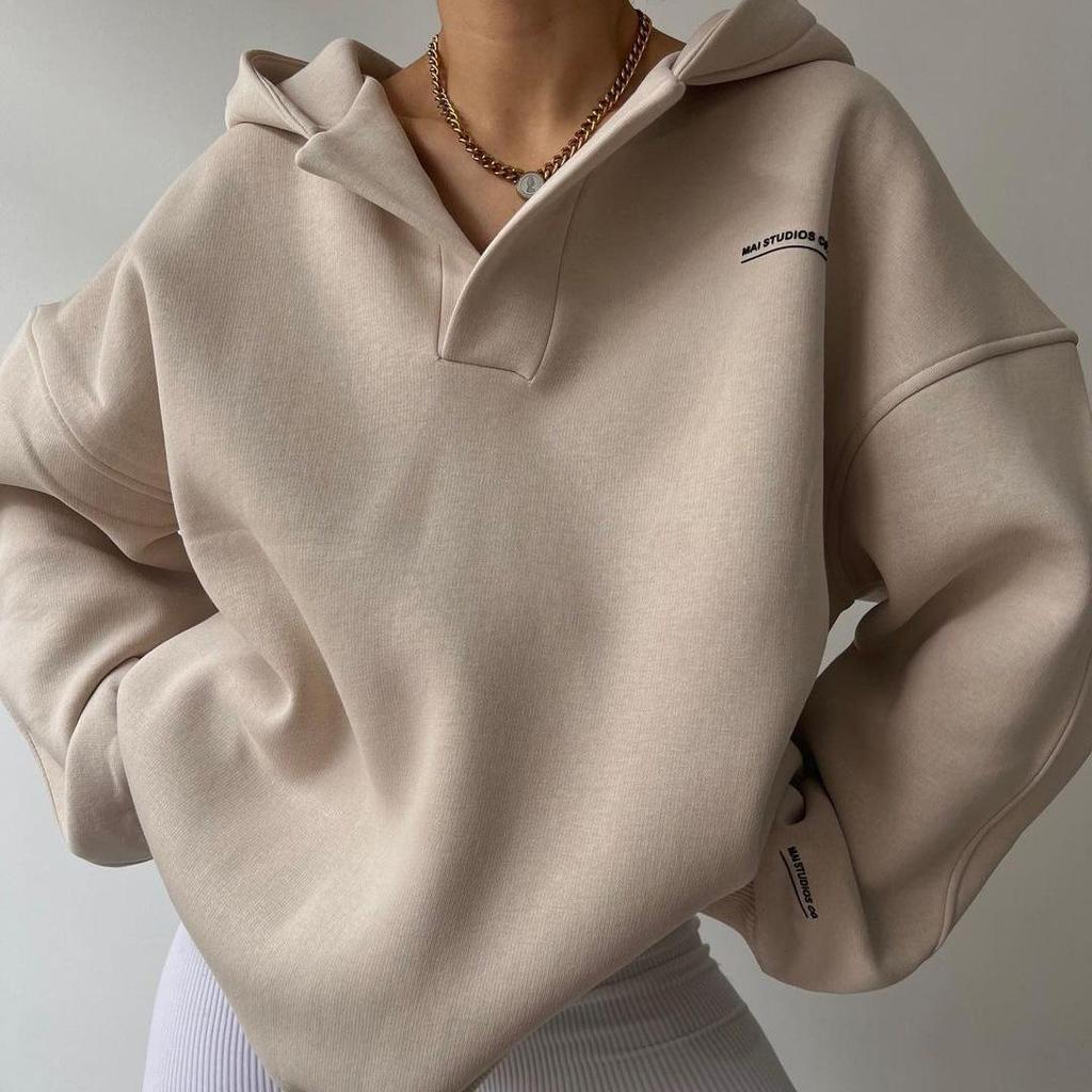 Damen Langarm Kapuzenpullover V-Ausschnitt Lockere Pullover Damen Tops Einfarbig Sweatshirts