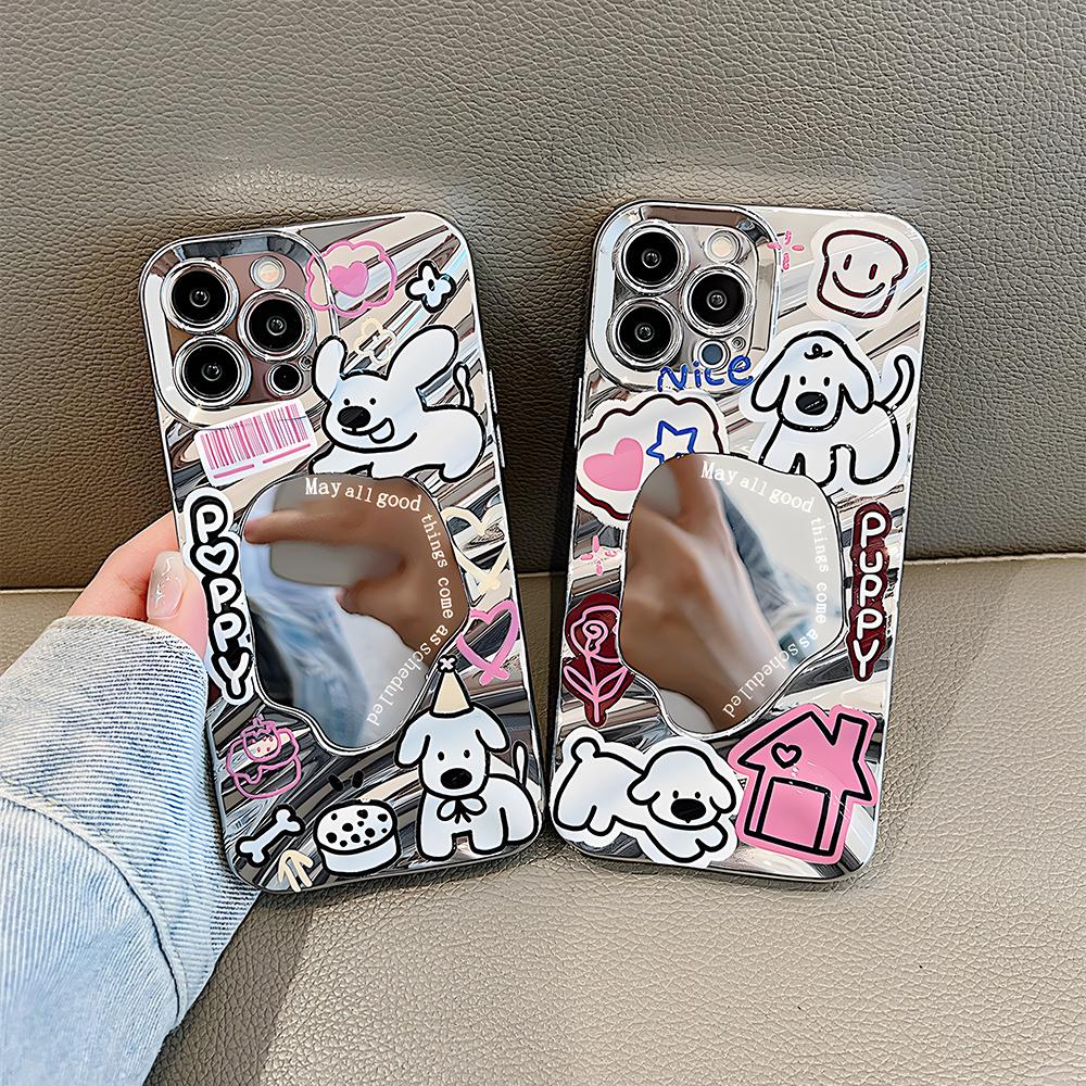 Luxus Make-up Spiegel Welle Handyhülle Für iPhone 11 13 16 Pro Max 14 15 12 16promax 15promax Niedliche Hund Stoßfeste Hüllen Fundas