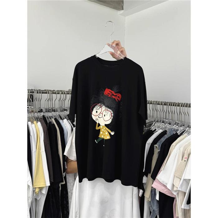 Pure Cotton Round Neck Short-sleeved T-shirt Women's 2025 New Casual Lazy Style Cartoon Printed T-shirt Top Tide