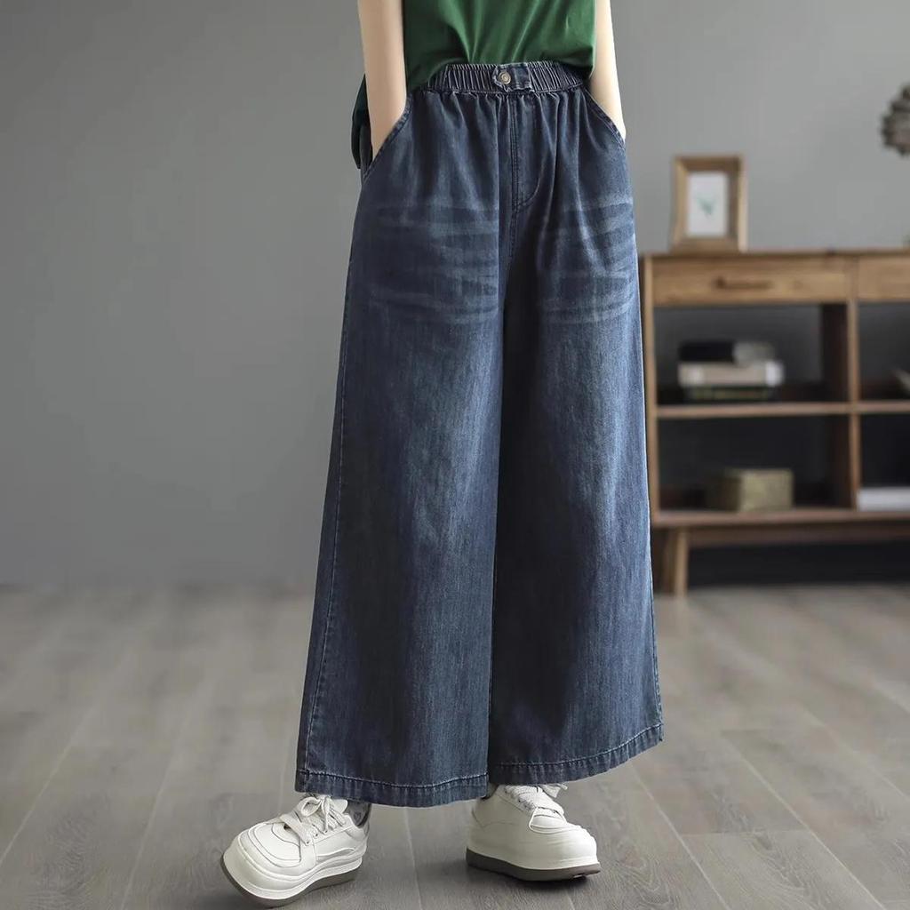 Jeans Oversize a Gamba Larga da Donna Casual Lavaggio Denim Pantaloni Vintage Larghi Elastici a Vita Alta Dritti Pantaloni Jeans Moda