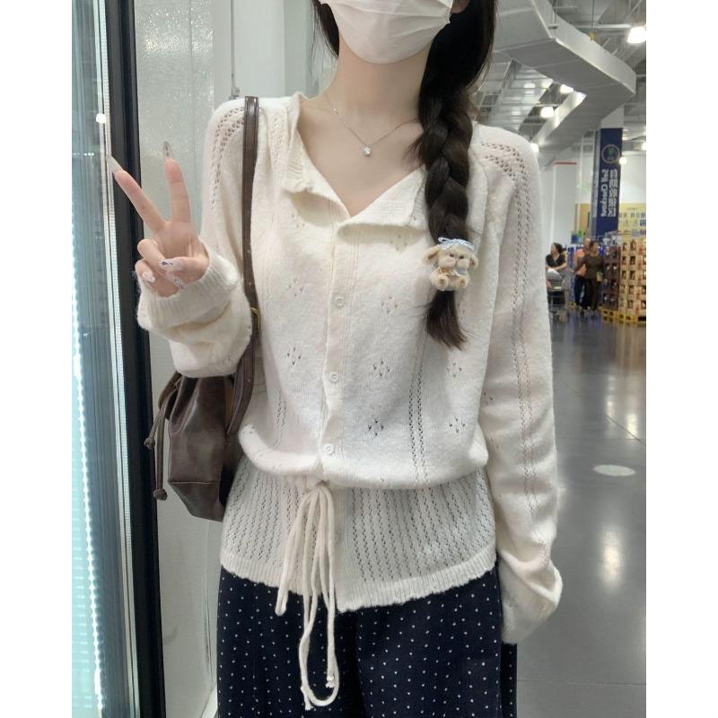 Women S Long Sleeve Knit Sweater With Waist Tie Hollow Out Fashionable