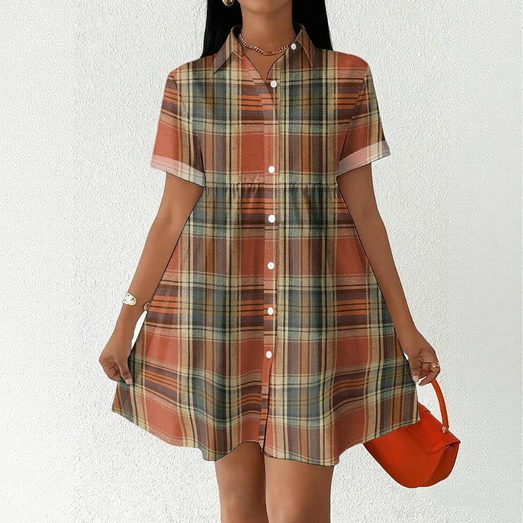 Casual Loose Fit Shirt Dress with Button Front and Stand Collar Short Sleeve Relaxed Fit Plaid Pattern Dress for Women