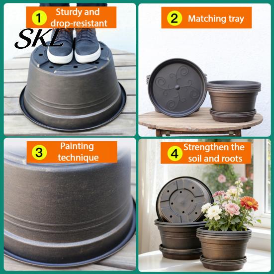Decorative Pots for Living Room Bulb Plant Pot with Saucer, 10 Inch 13 Wide Flowerpot Lightweight Resin Planters Drainage Holes, Indoor Outdoor