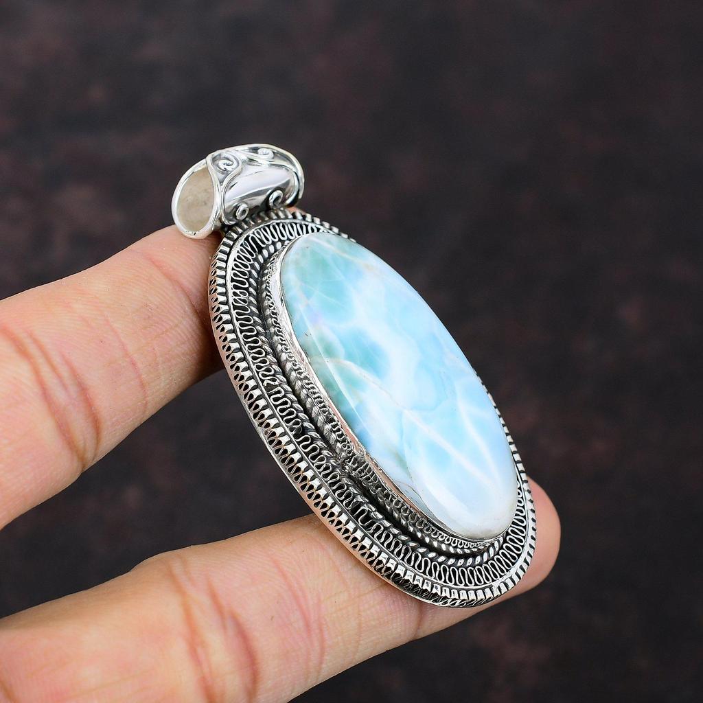 Larimar Pendant Original Gemstone Pendant 925 Sterling Silver Pendant Larimar Jewelry Handmade Vintage Pendant Boho Jewelry Gift For Wedding