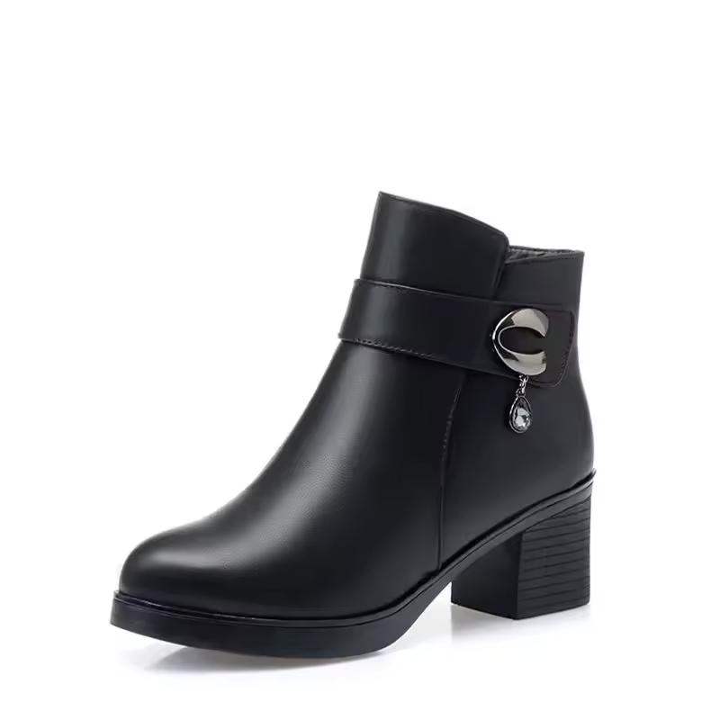 Winter Women Leather Boots Thick Wool Warm Women High-heeled Shoes High Quality Female Snow Boots Fashion Women Ankle Boots
