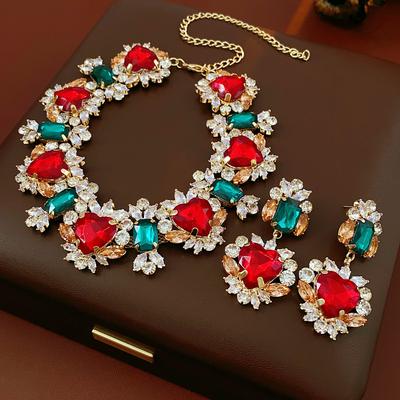 European and American Zircon Heart Pendant Earrings Necklace Exaggerated Retro Light Luxury Jewelry Set Wholesale for Women
