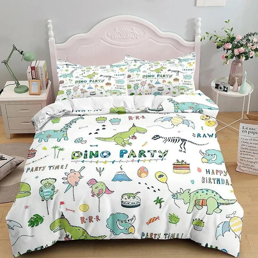 Cartoon Dinosaur Bedding Set Full King Queen Size,Cute Animal World Duvet Cover Orange Yellow Polyester Comforter Quilt Cover